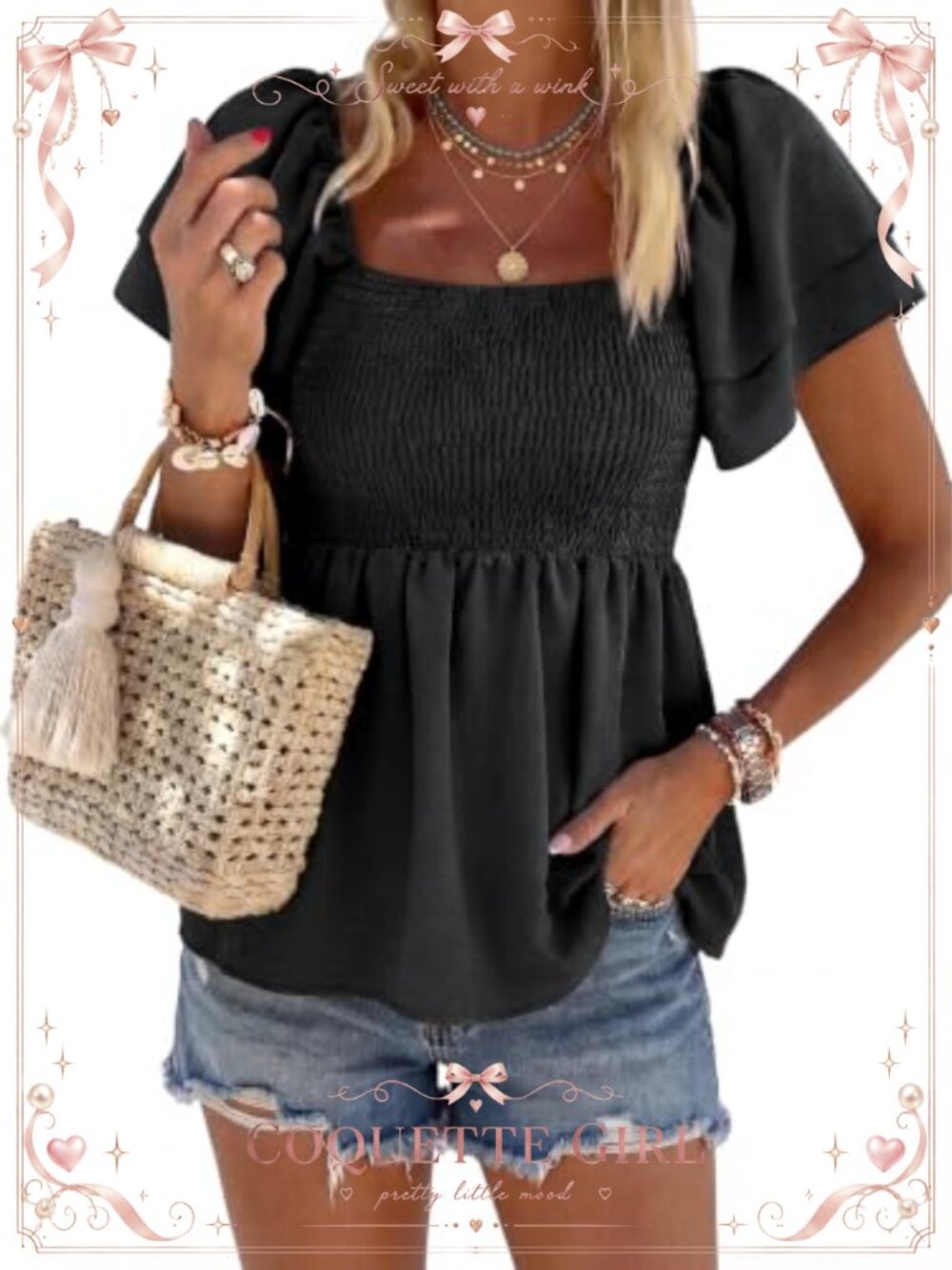 Women's Square Neck Peplum Blouse Ruffle Short Sleeve Smocked Top